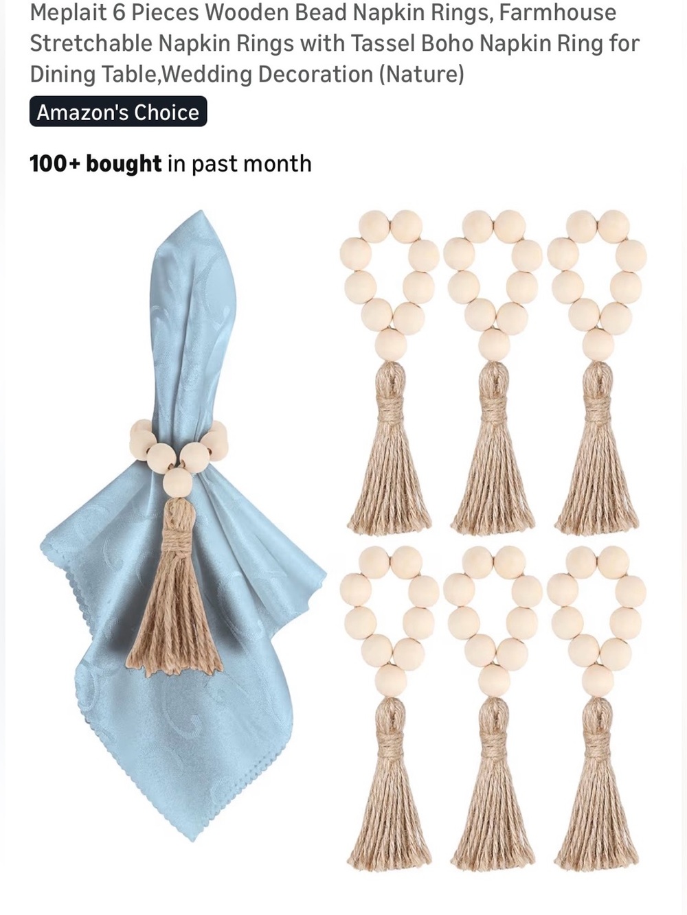 Wooden Beaded Napkin Rings Stretchable Tassle Set of 6 Farmhouse Rustic Decor